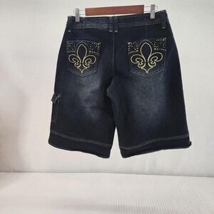 Dereon‎ Denim Cargo Shorts Fleur de Lis Embellished Pockets Womens Dark Wash